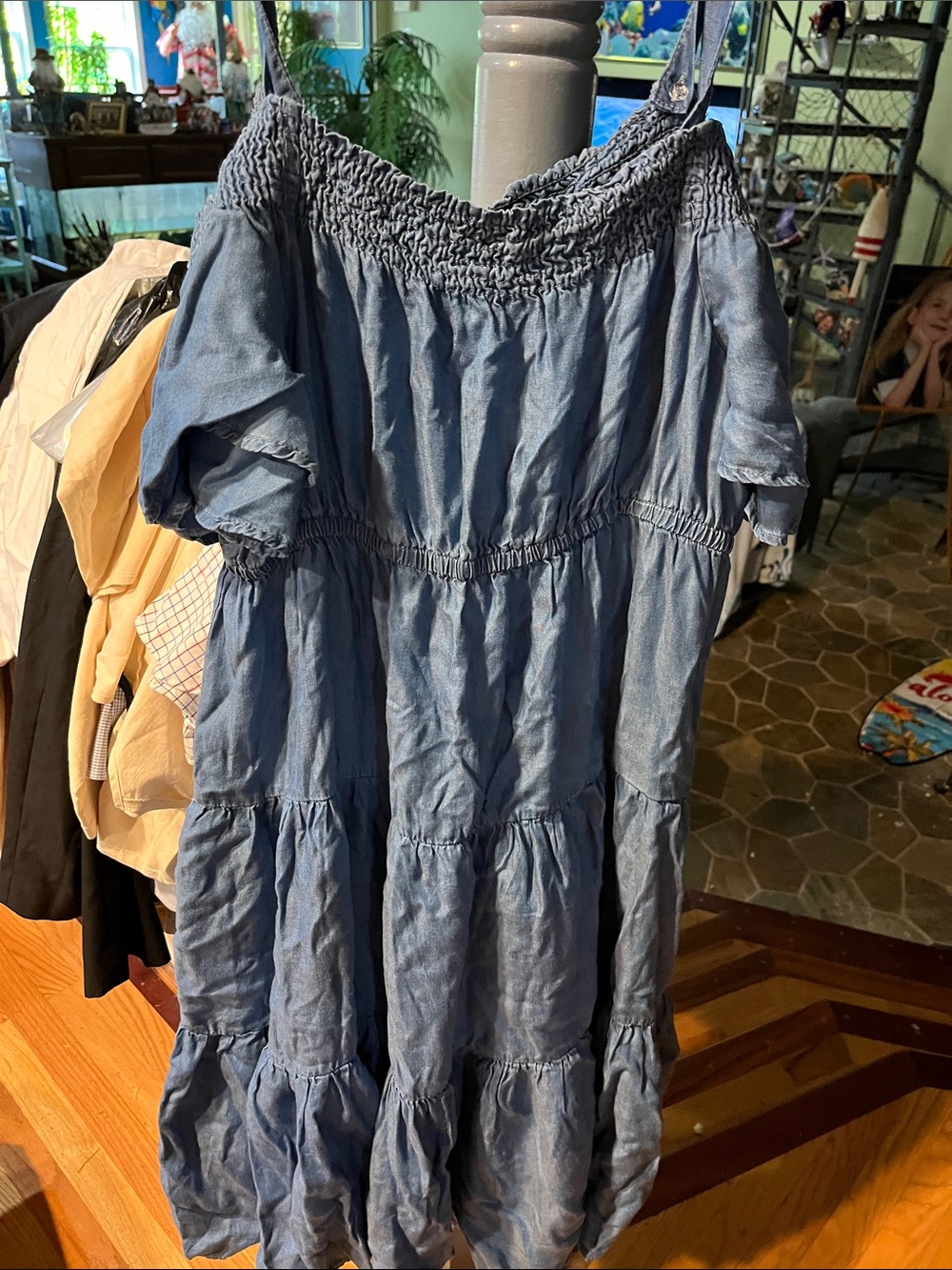 Off-Shoulder Blue Asymmetrical Tiered Dress